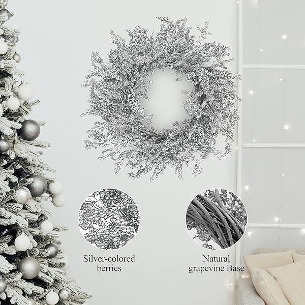 26 INCH WINTER FRONT DOOR WREATH SILVER BERRY WREATH WINTER CHRISTMAS WREATH WITH SILVER METALLIC BERRY ON FARMHOUSE GRAPEVINE FOR FESTIVAL CELEBRATION FRONT DOOR WALL WINDOW DECORATION HOME DÉCOR