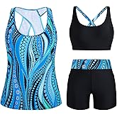 HUSKARY 3 Piece Tankini Swimsuits for Women Swim Tank Top with Bra and High Waist Boy Shorts with Pockets