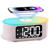 JALL Fabric Alarm Clock for Bedroom, with Big Led Screen Display, Bluetooth Stereo Sound Speaker, FM Radio, Fast Wireless Charging, USB Charging Port, Nightlight, White Noise, Ideal for Gift, Pink