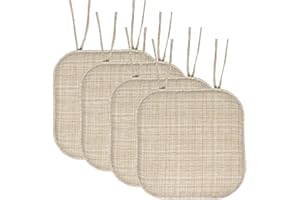 Sweet Home Collection Chair Cushion Memory Foam Pads with Ties Honeycomb Pattern Slip Non Skid Rubber Back Rounded Square 16" x 16" Seat Cover, 4 Pack, Aria Beige