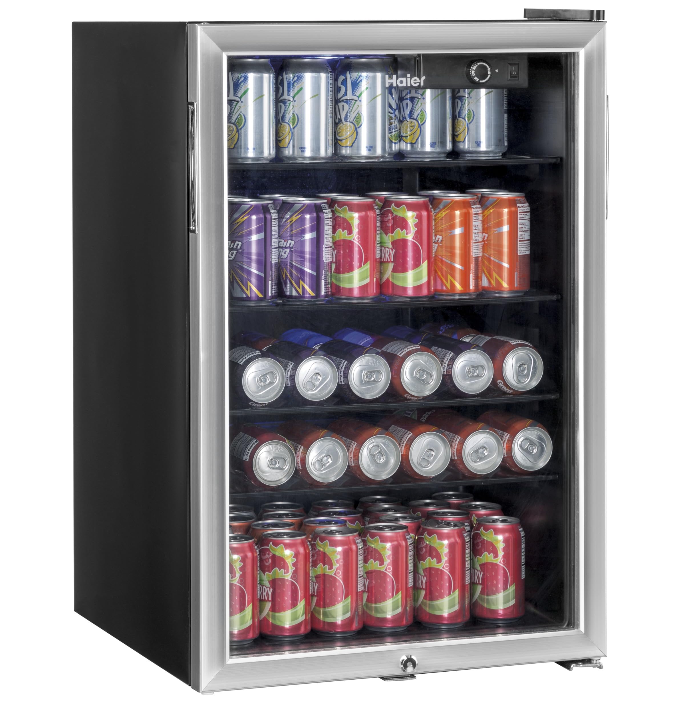 Photo 1 of **FOR PARTS/WIRING IS MESSED UP OR NO GOOD** Haier 150-Can Mini Fridge With Lock & Key, Glass Door, Automatic LED Interior Light, 4 Full-Width Glass Shelves & Adjustable Thermostat, Stainless Steel