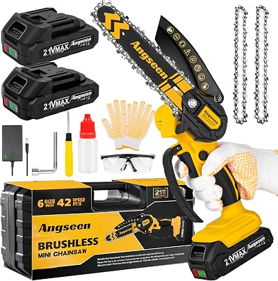 Angseen Brushless Mini Chainsaw 6 Inch Cordless with 2 Batteries 2.0Ah