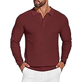 COOFANDY Mens Knit Polo Shirts Long Sleeve Casual Polo Sweaters Shirt Waffle Textured Collared Sweater