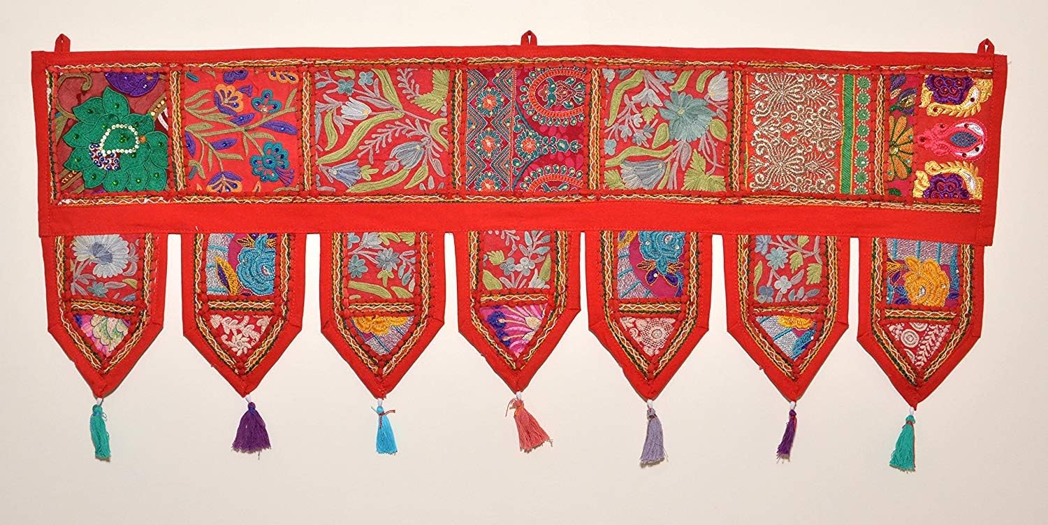 GANESHAM Cotton Ethnic Vintage Patchwork Door Hanging Valances Window Valances Hand Embroidered Patchwork Toran Boho Bohemian Decor Living Room Decor Wall Decor (Orange, L-101 X W-50 cm)