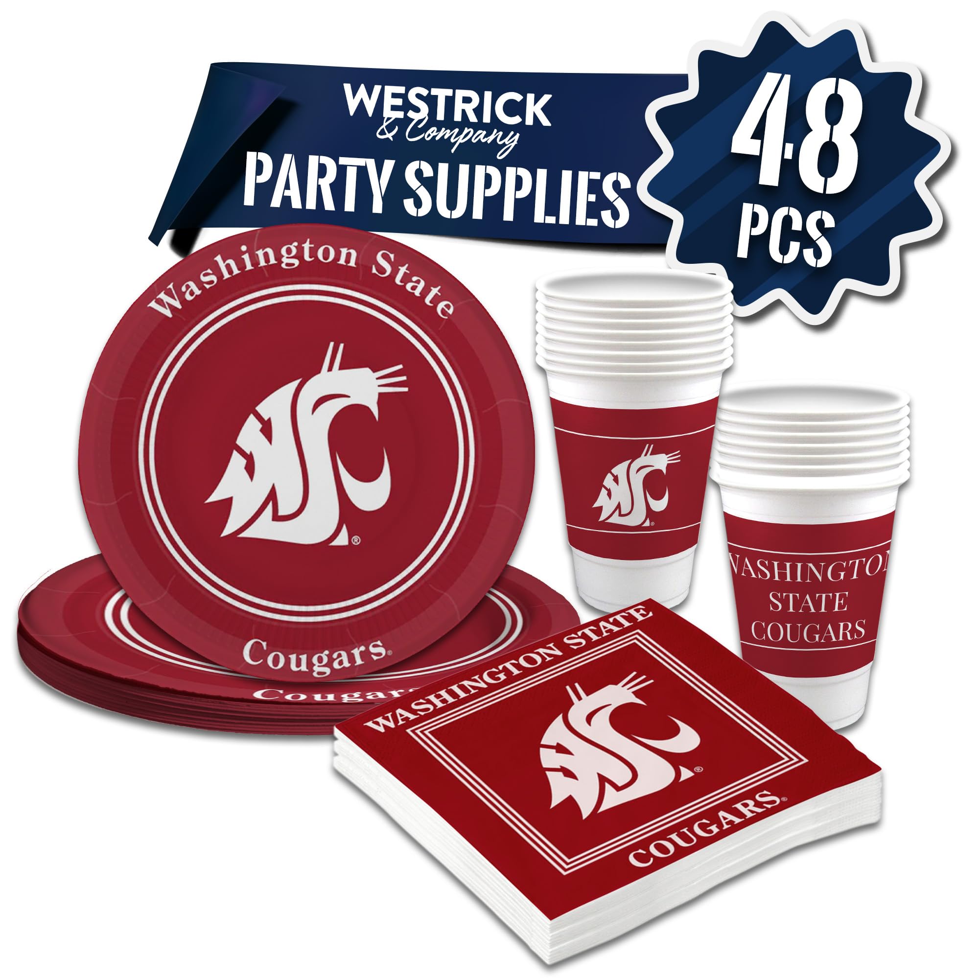 Photo 1 of Washington State Cougars Party Supplies 48 Pieces Officially Licensed University Set: 16 oz. Plastic Beverage Cups, 9" Paper Plates, Luncheon Napkins, Complete Party Supplies 16 Guests by Westrick