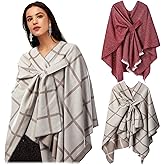Chicingyou 2 Pcs Women's Shawl Wrap Open Front Poncho Soft Plaid Shawl Cardigan Cape Scarf Sweater for Spring Fall Winter