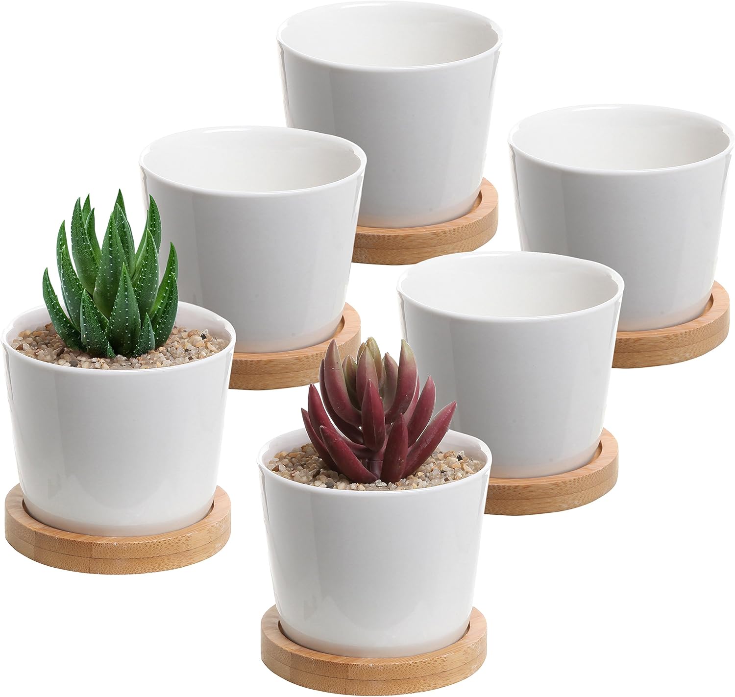 MyGift 3Inch White Ceramic Mini Planter Cups with Bamboo