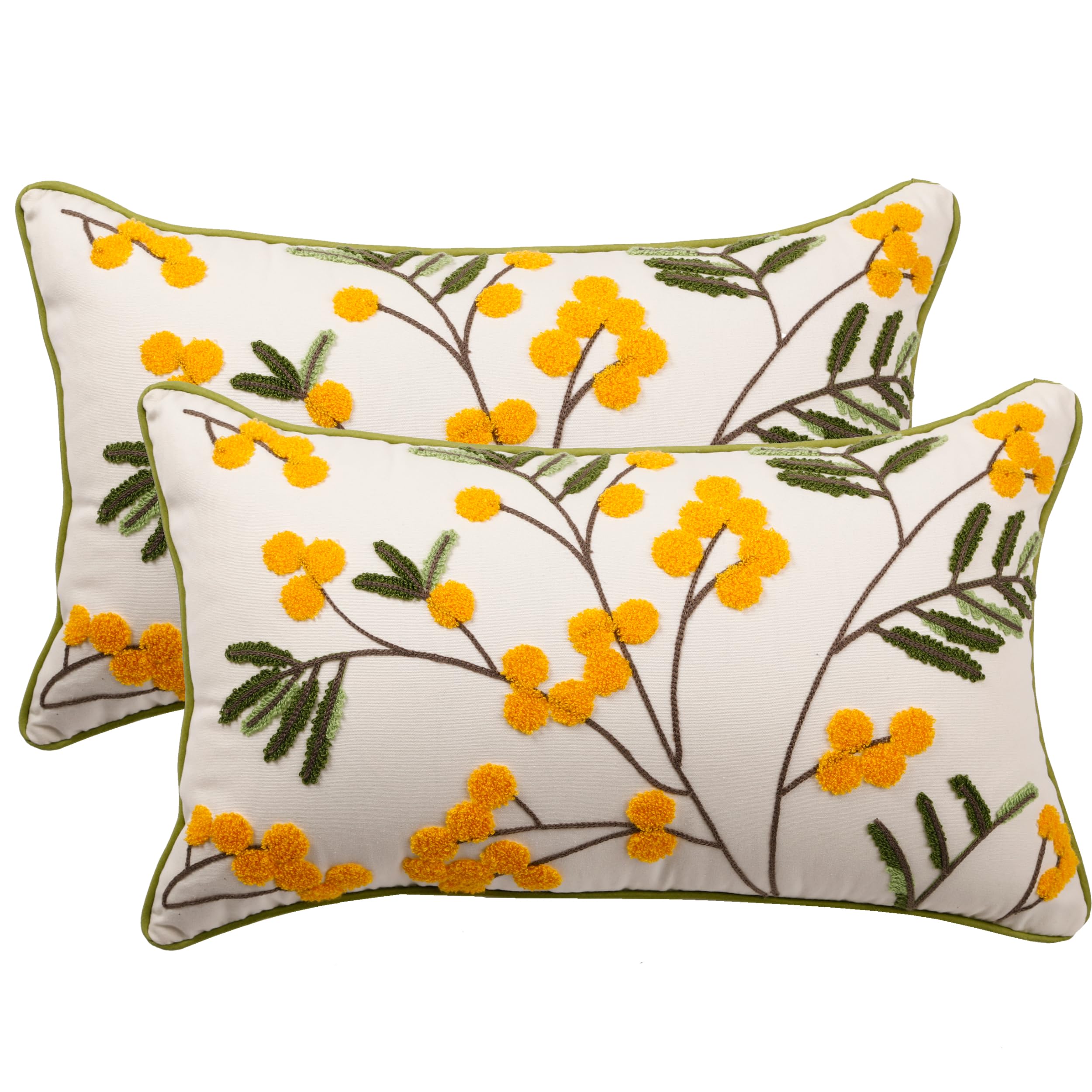 Tosleo Spring Decorative Pillowcases 12x20 inch Pack of 2 Yellow Sea Buckthorn Fruit Embroidered Throw Pillow Covers Farmhouse Cotton Pillow Cushion Cases Home Decor Square Floral Pillow Case