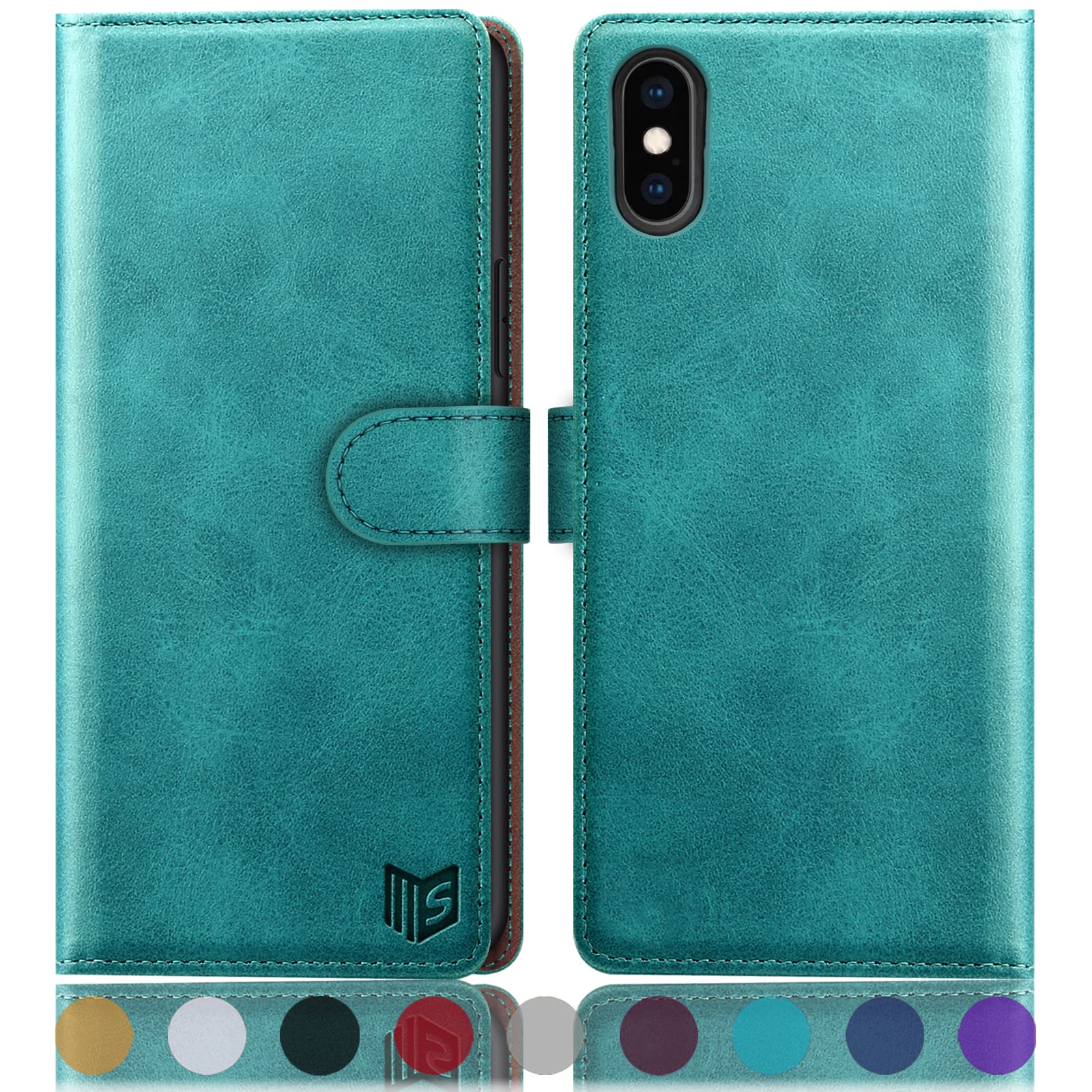SUANPOT for iPhone X/XS 5.8" case with [Credit Card Holder][RFID Blocking],PU Leather Flip Book Protective Cover Women Men for Apple X/XS Phone case Blue Green