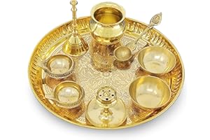 BENGALEN Brass Pooja Thali Set 8 Inch Puja Thali with Pital Plate Kalash Palli Chandan Vati Kuber Deep Dhup Dan Ghanti Arti Thali for Diwali Home Office Mandir Wedding Return Gift Items