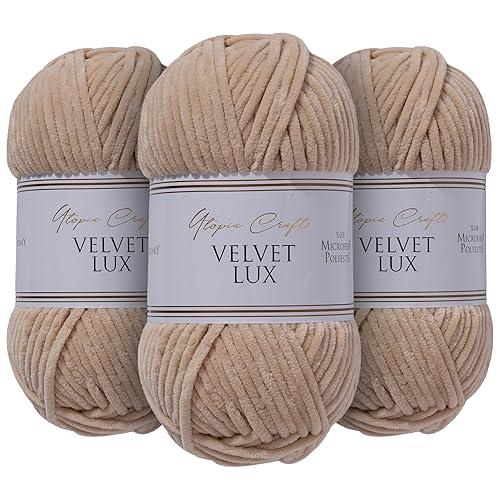 Utopia Crafts Velvet Lux Chenille Super Soft Chunky Yarn for Knitting and Crochet Yarn 3X 100g (Pastel Brown)