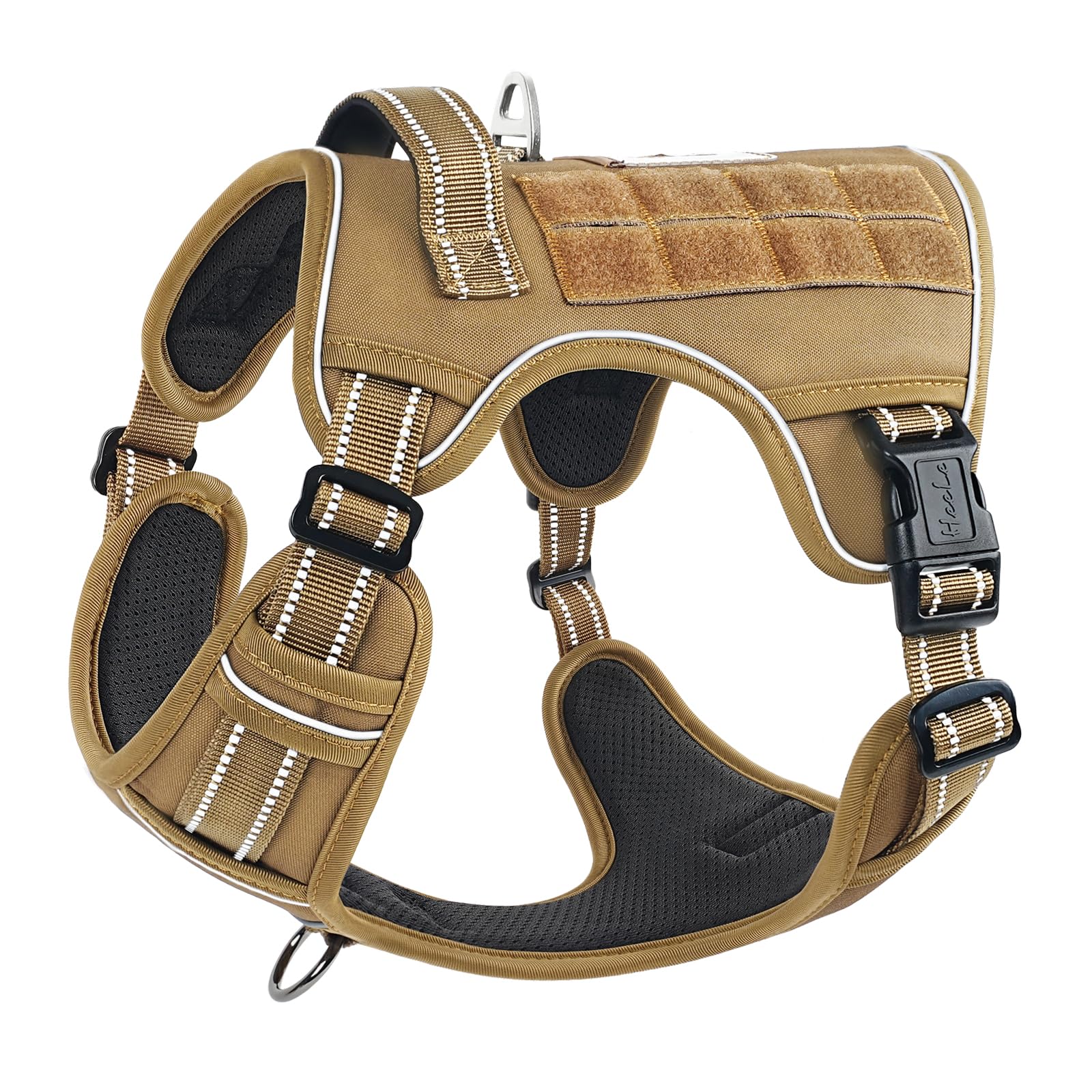 HEELE Dog Harness, Tactical Dog Harness with Molle Panel, Harness for Small Medium Large Dogs No Pull Adjustable Padded Reflective Harness with Handle for Walking Training, Brown, XL