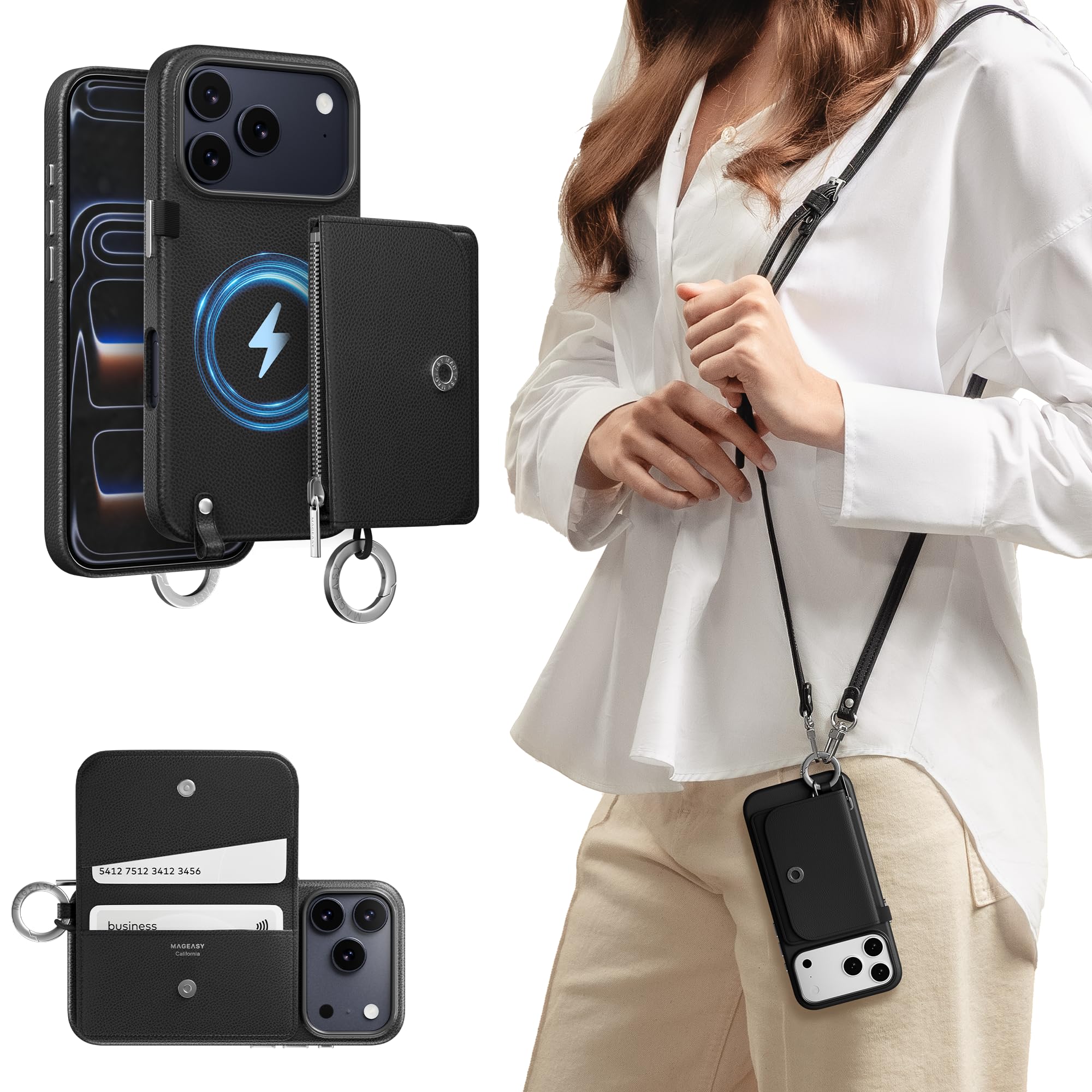 Photo 1 of MAGEASY Designed for Phone 17 Pro Wallet Case with Crossbody Strap - Compatible with MagSafe Detachable Coin Purse & Card Slot, Leather Crossbody Lanyard, 16ft Drop Protection | Pouch M (Black)