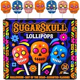 Halloween Sugar Skull Candy Lollipops, 24 Pack | Strawberry, Orange, and Blue Raspberry Suckers, No Artificial Dyes, Dia De Los Muertos, Seasonal, Parties, Day of the Dead