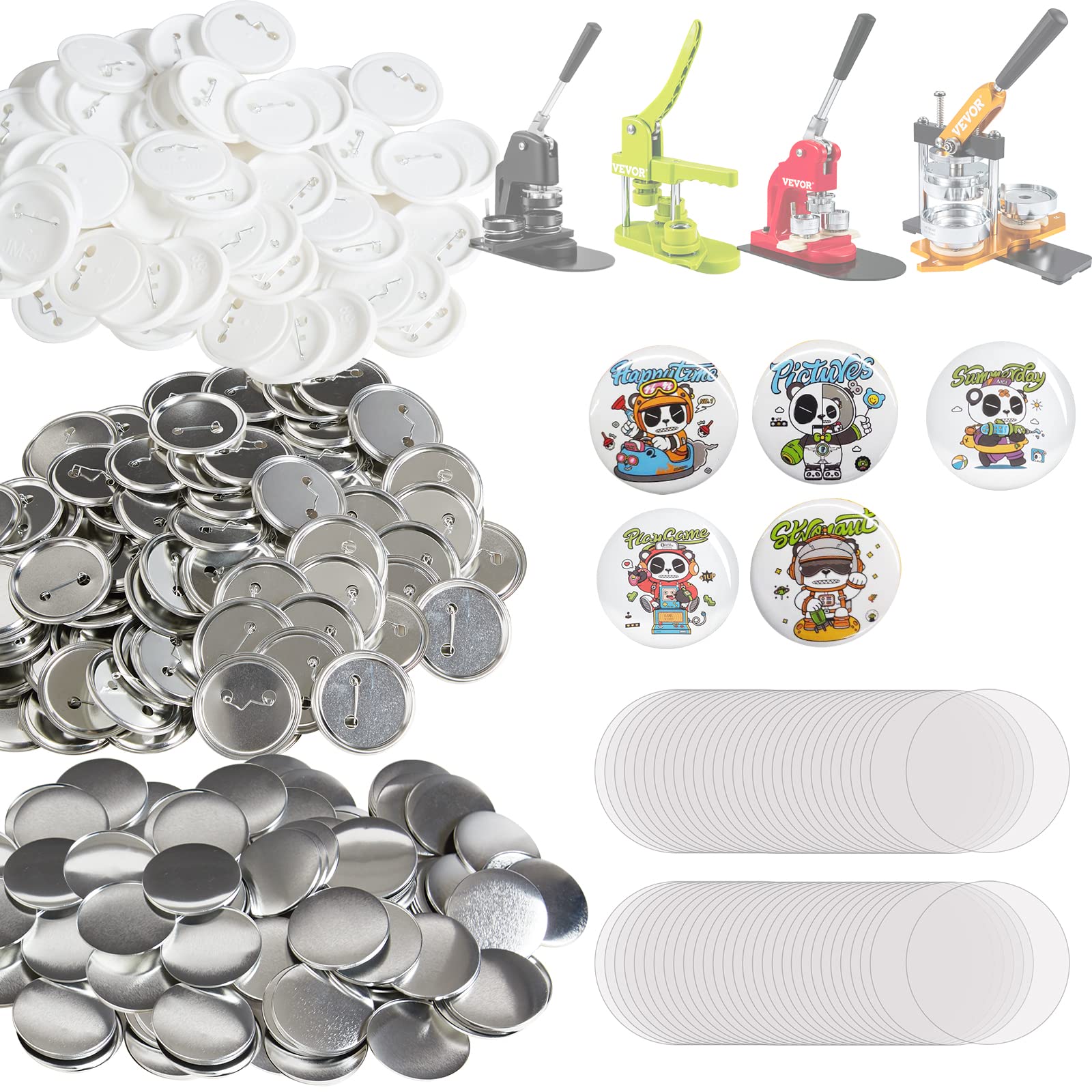 VEVOR 500 Sets 2.25 inch 58mm Pin Back Button Parts, DIY Round Button Badge Parts, Set Includes Metal Top, Plastic/Metal Button, Clear Film, and Blank Paper for Gifts Presents, Machine NOT Included