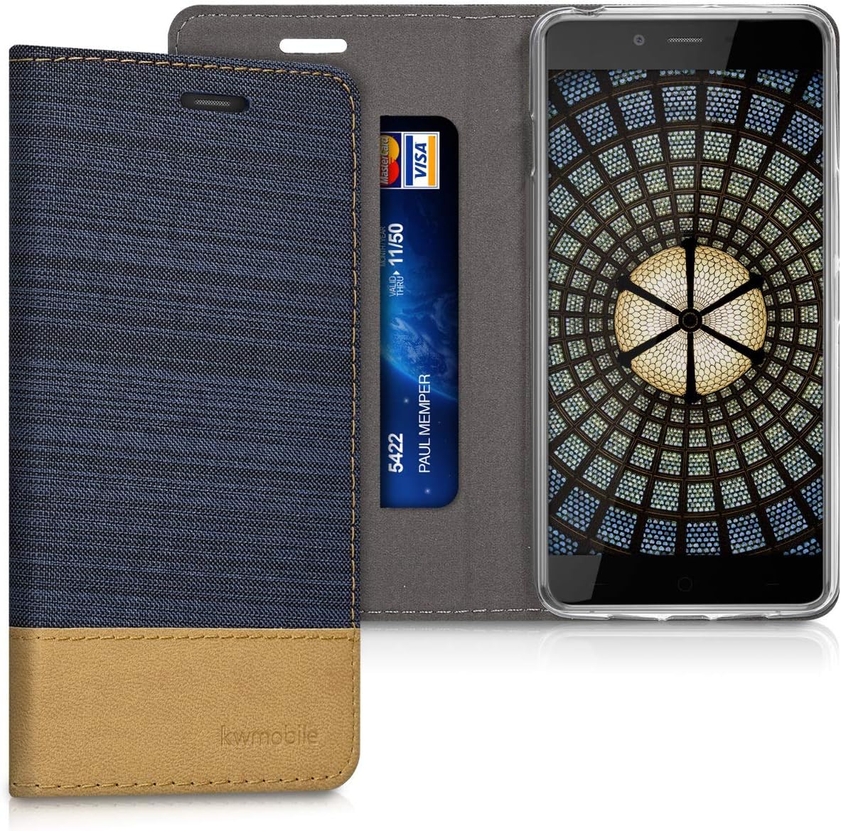 kwmobile Book Style Case for OnePlus X (5.0") - PU Leather Fabric Protective Wallet Cover with Stand - Dark Blue/Brown