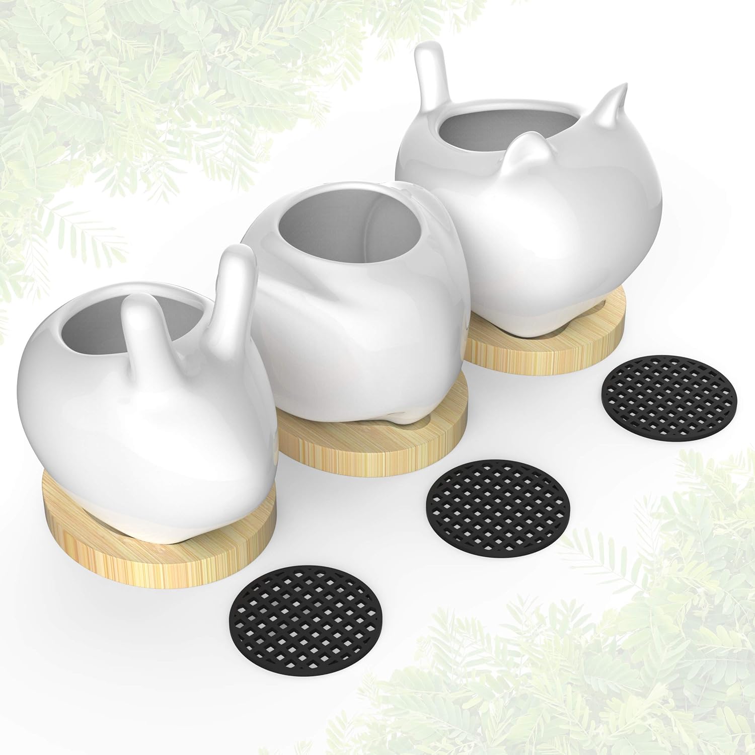 IVORMOSS Animal Succulent Planter - White Ceramic Garden Pots with Insert to Prevent Soil Loss, Drainage Opening & Bamboo Tray - Cute Elephant Bunny & Cat Planter Set, Macetas para Suculentas: Kitchen & Dining