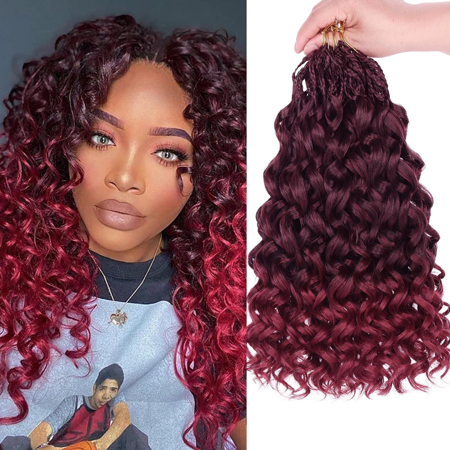 Mscat Curly Crochet Hair - 14 Inch, 8 Packs, Burgundy Gogo Curl, Ocean Wave, Ombre Red, Deep Twist, Bohemian Box Braids, Synthetic Water Wave Braiding Hair for Women