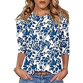 LOMON 3/4 Length Sleeve Womens Tops Spring Summer Fashion 2026 Tops Crew Neck Pleated Shirts Tunic Top Loose Fit