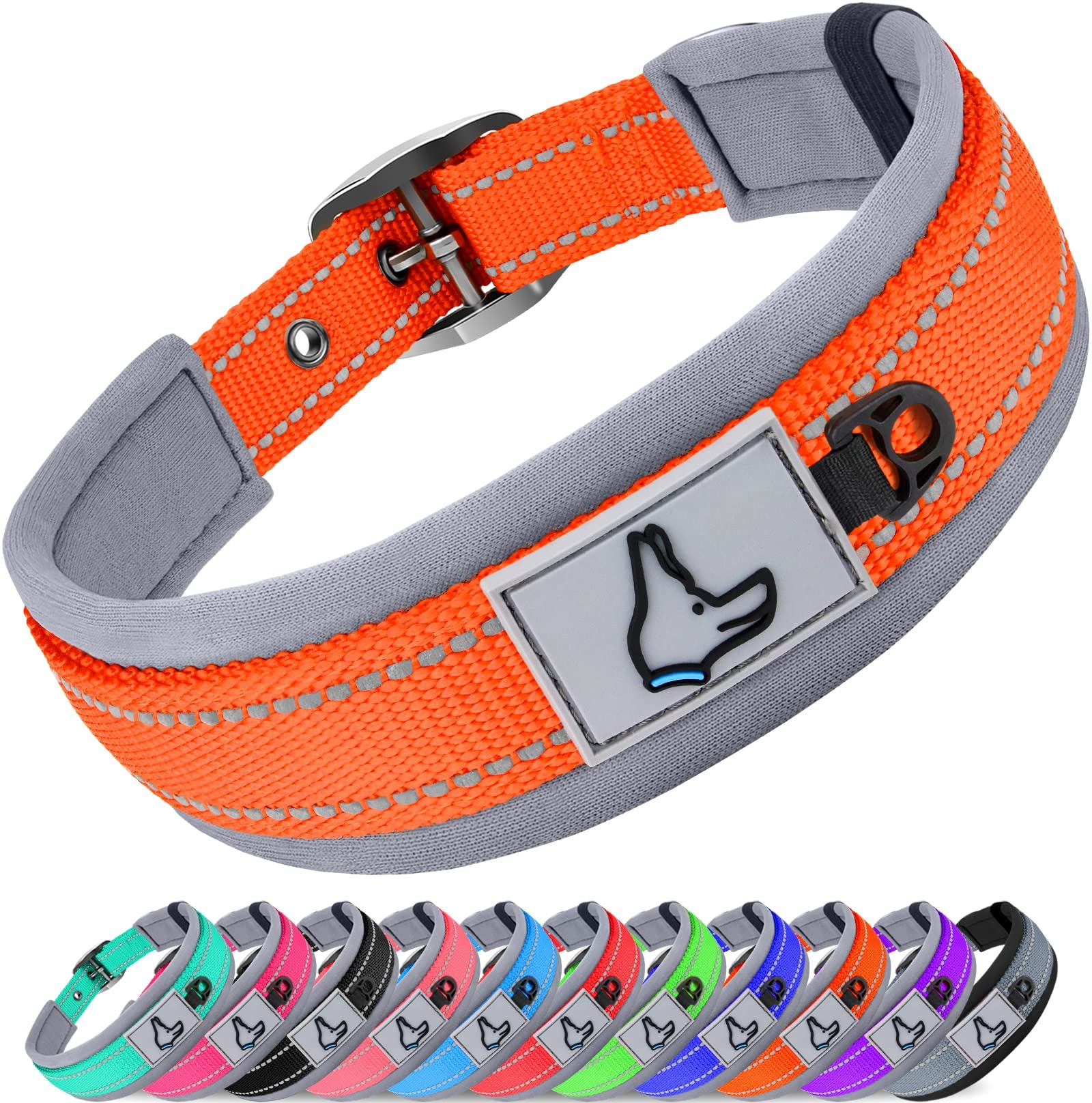 Joytale Reflective Dog Collar Medium | Ultra Comfy Soft Neoprene Padded | Heavy Duty Metal Belt Buckle, Orange