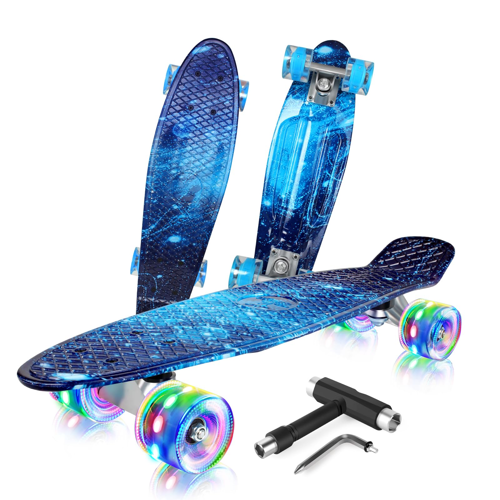 BELEEV 22 inch Skateboards for Kids, Cruiser Skateboard for Girls Boys Teens Adults Beginners, LED Light up Wheels, Mini Skateboards Classic Complete Skate Board with Skate T-Tool, Max Load 220 LBS — image 1