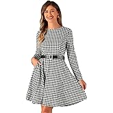 Allegra K Houndstooth Plaid Dress for Women's Round Neck Long Sleeves School Pockets A-Line Dress