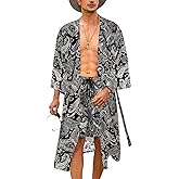 COOFANDY Men Lightweight 2 Piece Kimono Robe with Shorts Japanese Robes Casual Open Front Long Cardigan With Belt