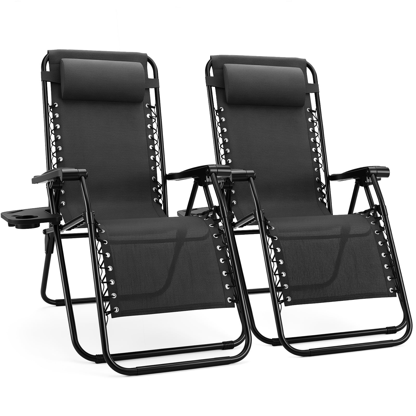 Sweetcrispy Zero Gravity Chairs, Set of 2 Portable Recliner Beach Camping Patio Outdoor Folding Lounge Chair with Cup Holder Trays and Adjustable Pillow for Poolside, Garden, Backyard, Lawn, Black