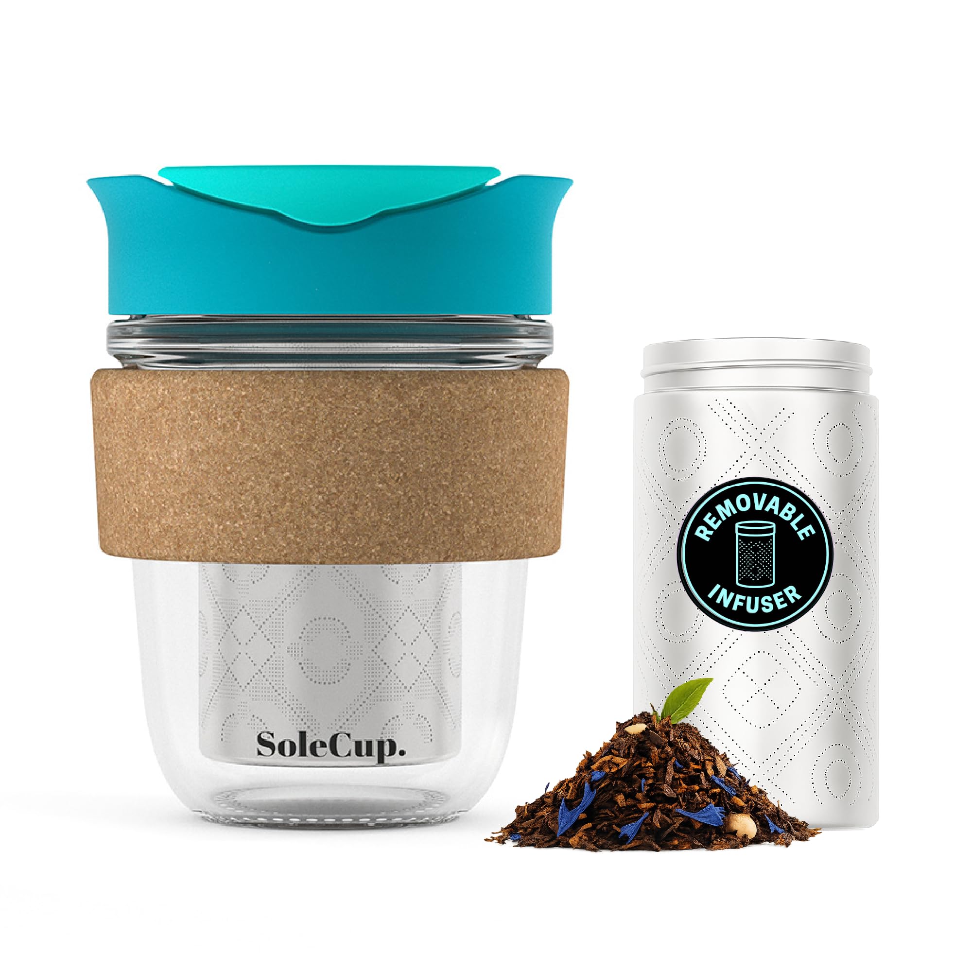 SoleCup. Travel Mug Loose Tea Infuser - Detachable Tea Strainer with Spillproof Lid - BPA-Free Reusable Glass Travel Coffee Cup with Cork Band (Blue, 340ml / 12oz) — image 1