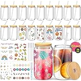 BGraceyy 16 oz 20-Pack Glass Cups with Lids and Straws + DIY Stickers, Reusable Tumblers Beer Can Drinking Glasses with Bamboo Lids and Straws, Cute Glass Coffee Cups with Lids for Iced & Hot Drinks