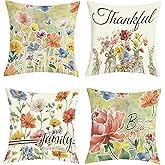 Joymaison Spring Watercolor Floral Throw Pillow Covers 18x18 Inch Set of 4 Wildflowers Garden Flowers Seasonal Cushion Covers Home Decor for Couch Cushion Cases