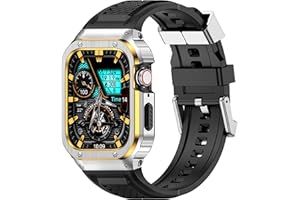 Deczone Band with Stainless Steel Case Compatible with Apple Watch Series 11 10 46mm Band, iwatch Bands Rugged Metal Protective Cover for Men (Silver Gold)