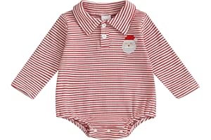 Amiblvowa Baby Boy Christmas Romper Waffle Knit Santa Embroidery Striped Polo Bodysuit Shirt Newborn Infant Outfit Clothes
