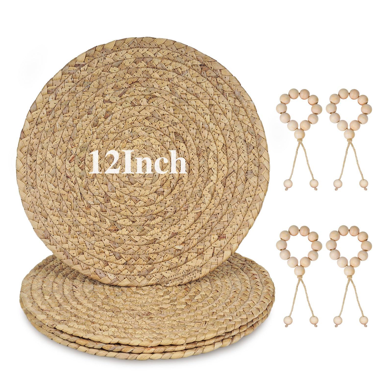 Photo 1 of 12” Woven Round Placemats Set of 4, Natural Water Hyacinth Braided Table Mats with 4 Wood Bead Napkin Rings, Washable Boho Farmhouse Rattan Place Mats for Home, Outdoor, Table Decor, Dinning, Wedding