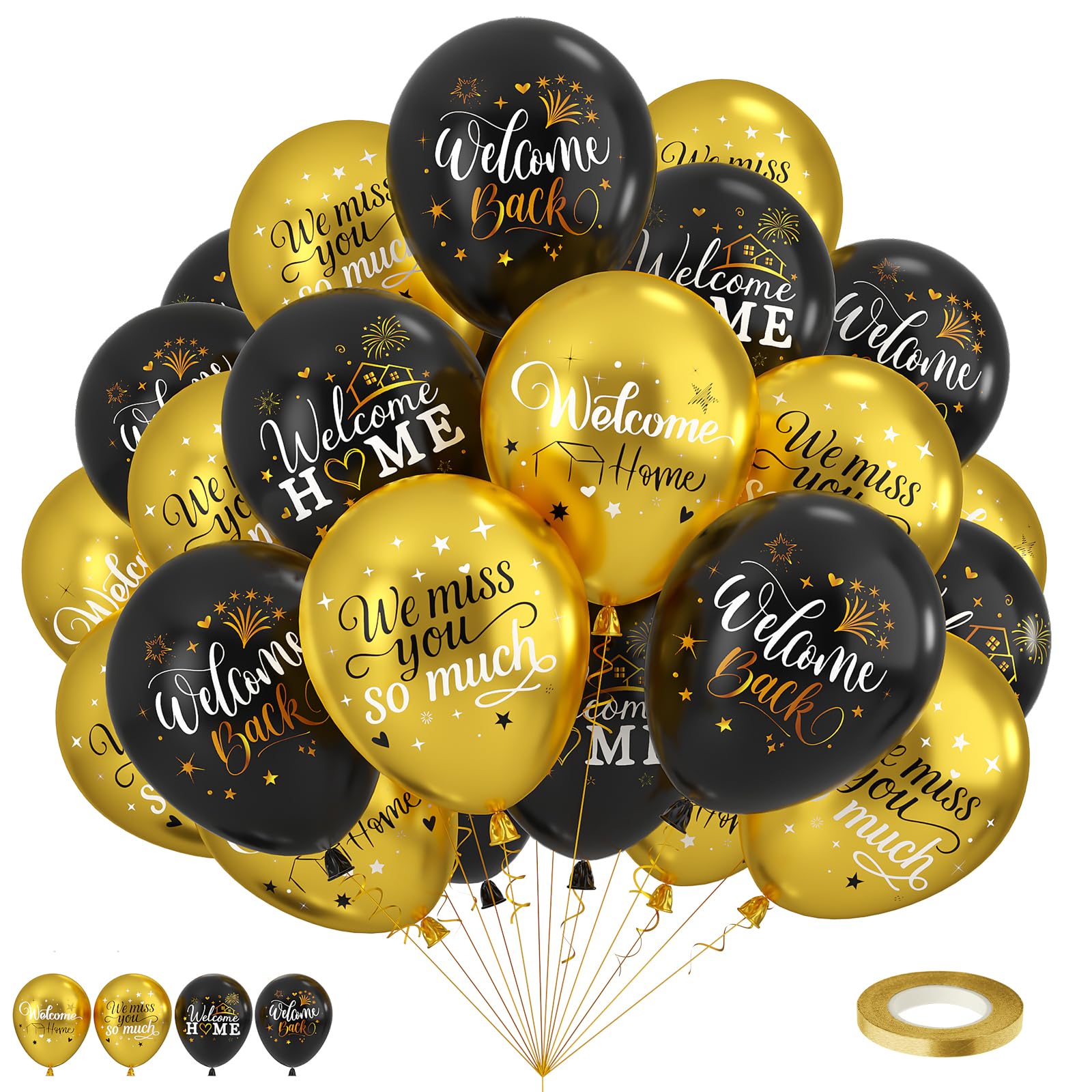 Welcome Home Balloons, 30 Pcs 12 Inch Black and Gold We Miss You So Much Latex Balloons for Welcome Back Housewarming Baby Shower Family Party Decorations