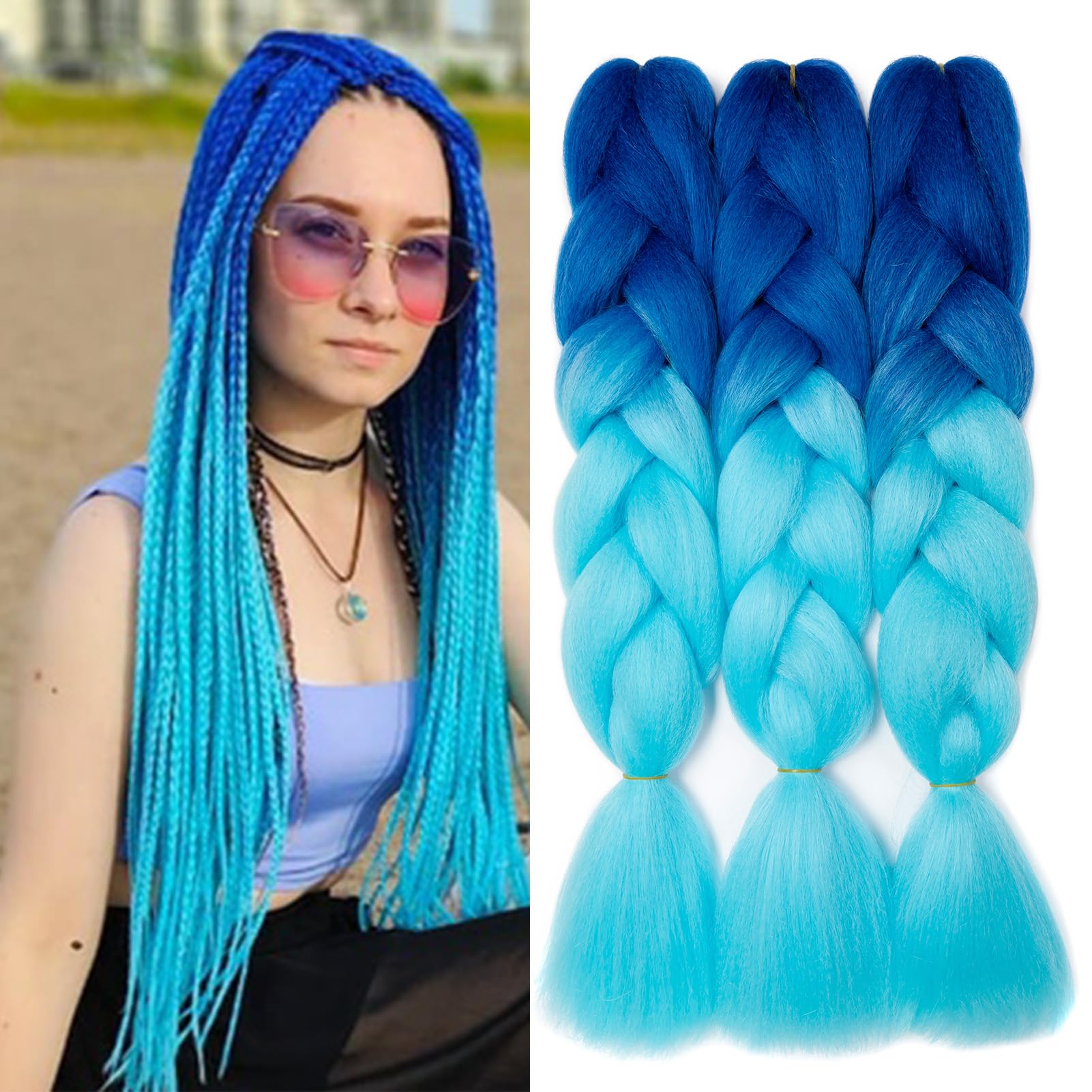 Dcbaboo Jumbo Braiding Hair Extensions - 3 Packs, 24 Inch Synthetic Ombre Braids - Afro, Crochet, Twist - Kanekalon, Royal Blue-Sky Blue — image 1