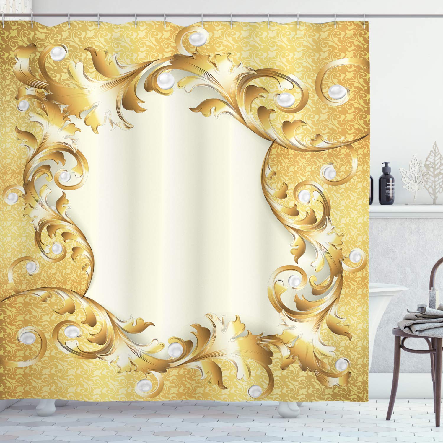 ABAKUHAUS Pearls Shower Curtain, Illustration of a Frame Ornaments and Stones Baroque Style Floral Patterns, Cloth Fabric Bathroom Decor Set with Hooks, 70 Inches, Cream Yellow
