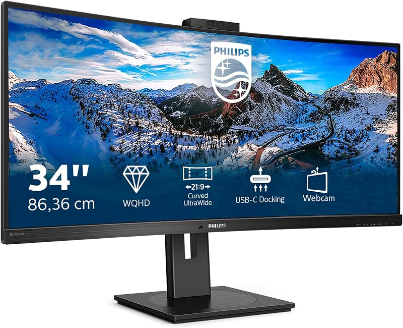 Philips 346P1CRH 34" QHD Curved Ultrawide Monitor 100Hz USB-C Dock Webcam HDR