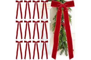 Glitinsel 20 Pcs Red Large Velvet Christmas Bows 4.7" x 11" Big Pre Tied Handmade Fringe Velvet Ribbon Bows 1" Wide Rustic Crafts Gift-Bows with Twist Tie for Gift Wrapping Christmas Decor