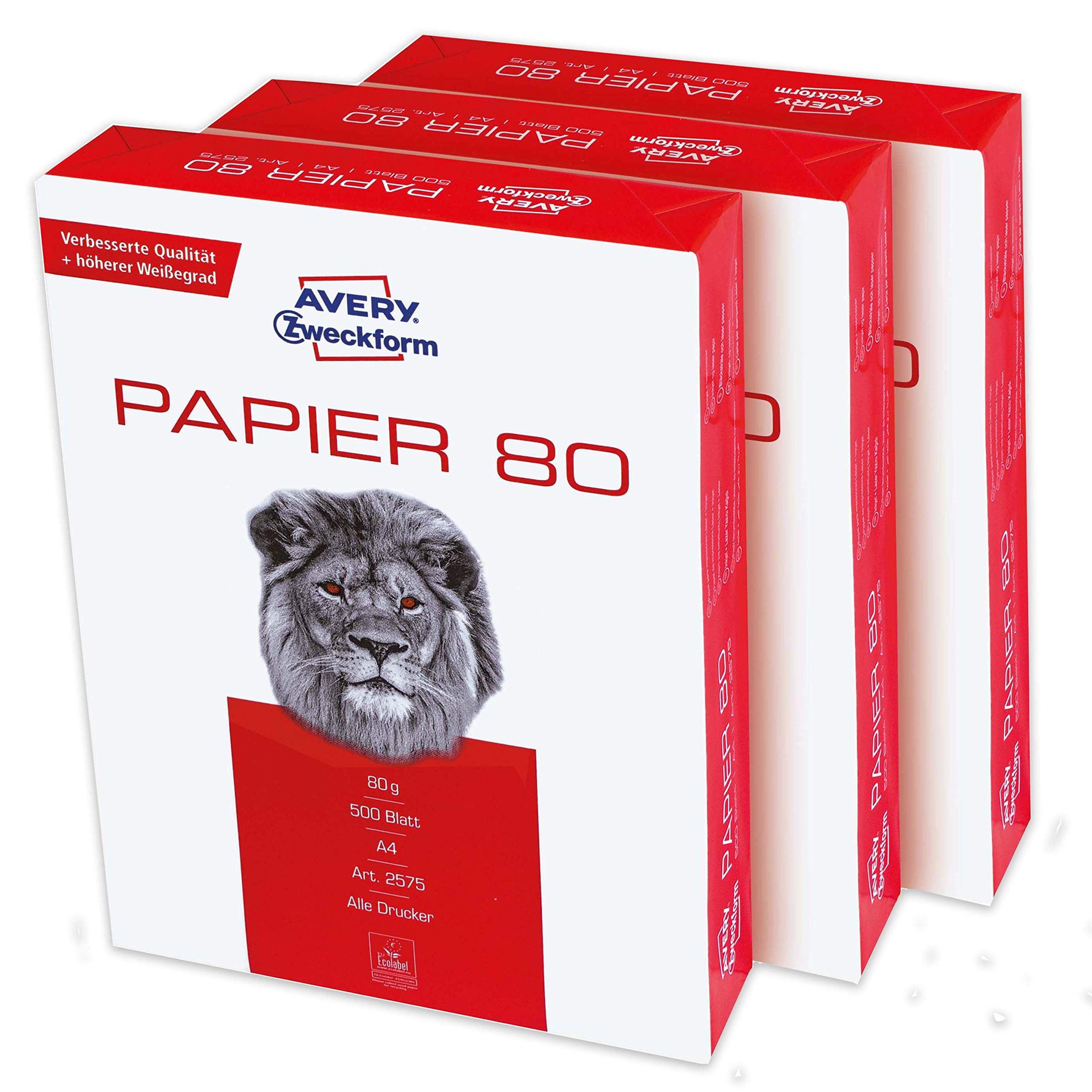 Avery Zweckform 2575 Printer Paper, Copier Paper (1,500 Sheets, 80 g/m², DIN A4 Paper, White, for All Printers) 1 Box of 3 Pack