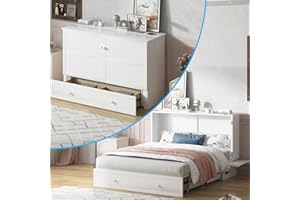 BALUS Murphy Bed Queen with Foldable Mattress, Guest Bed with USB Charging Ports & Bedside Table, Convertible Murphy Bed Versatile White Cabinet Bed for Bedroom Guest Room Apartment Chest Bed - White