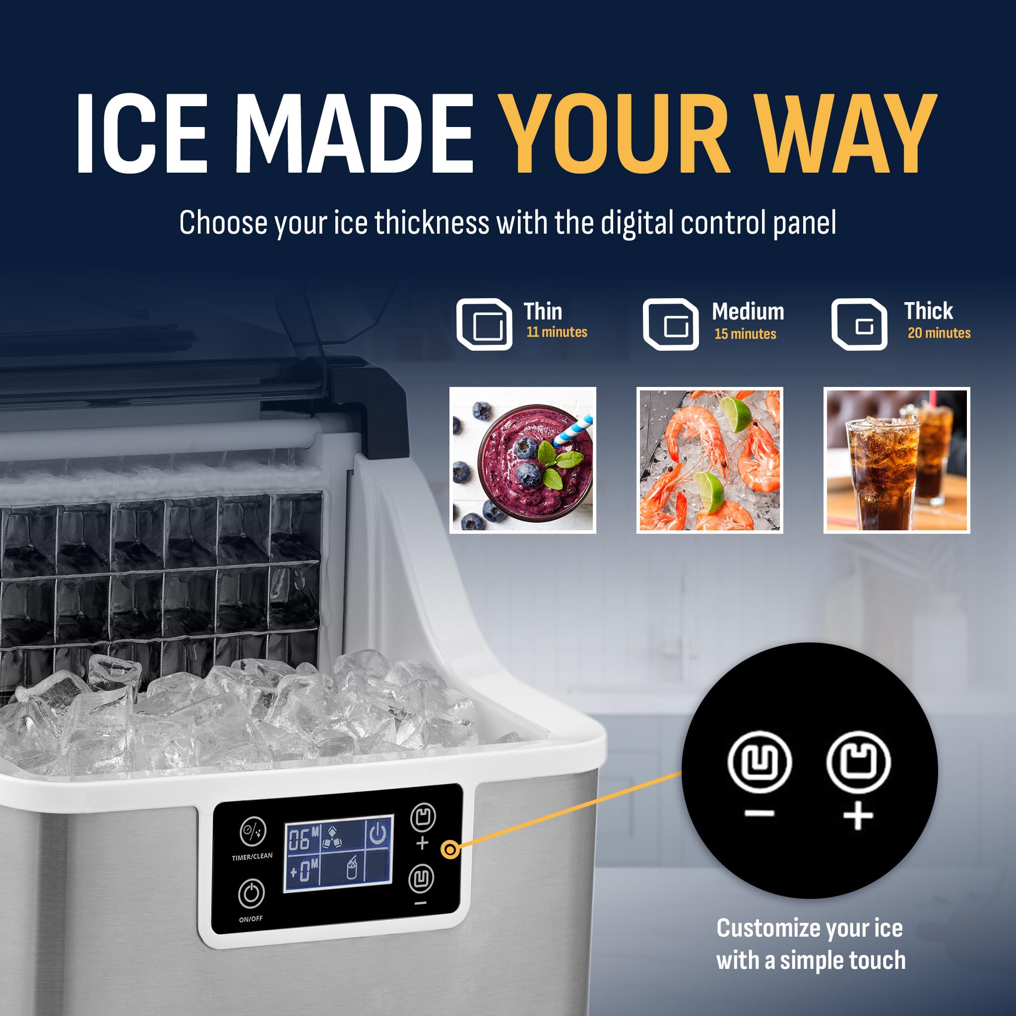 Newair Countertop Clear Ice Maker, 45lbs/Day Ice Cube Machine, Self-Cleaning Function and Custom Ice Thickness, Portable Ice Maker, 24H Timer, Ideal for Home Office and Outdoor Bar, Stainless Steel