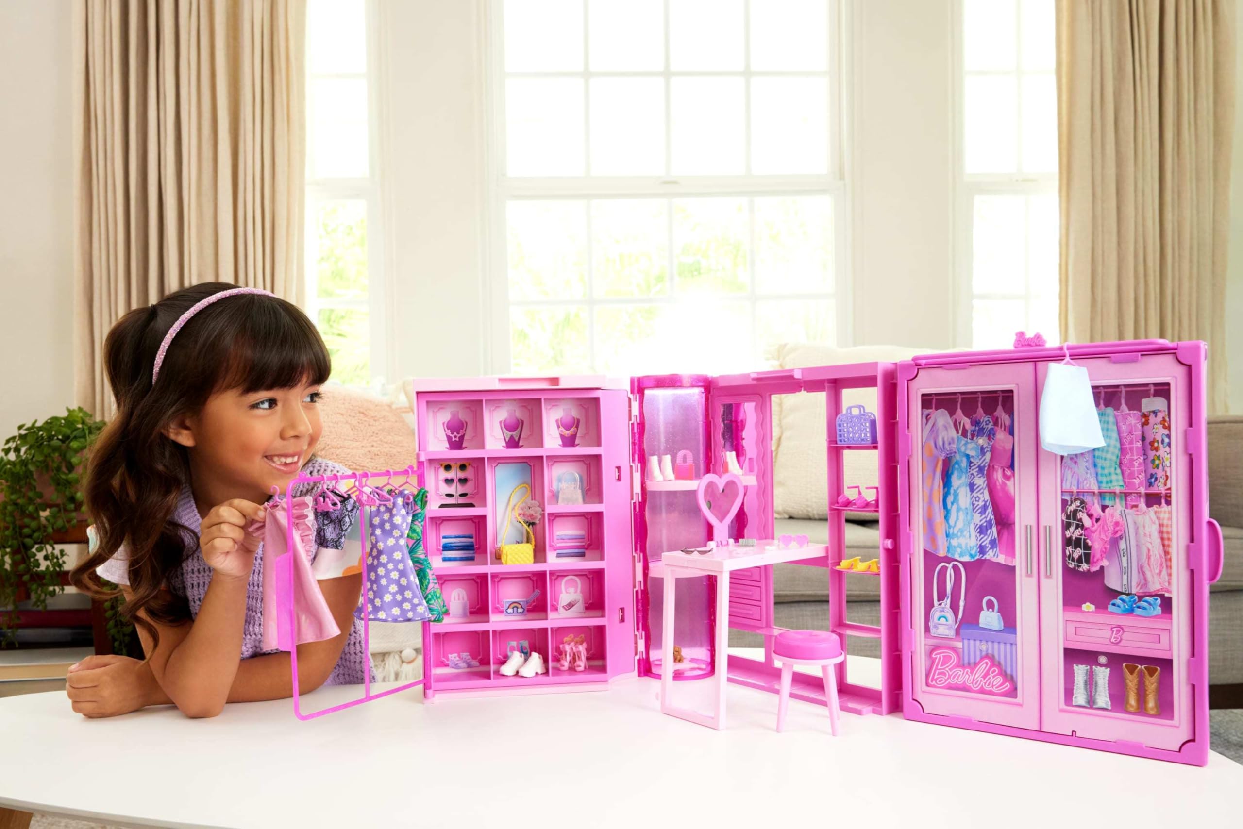 Barbie Dream Closet Toy Playset with Clothes & Accessories, 3-ft-Wide with 25+ Pieces, 4 Complete Fashion Looks
