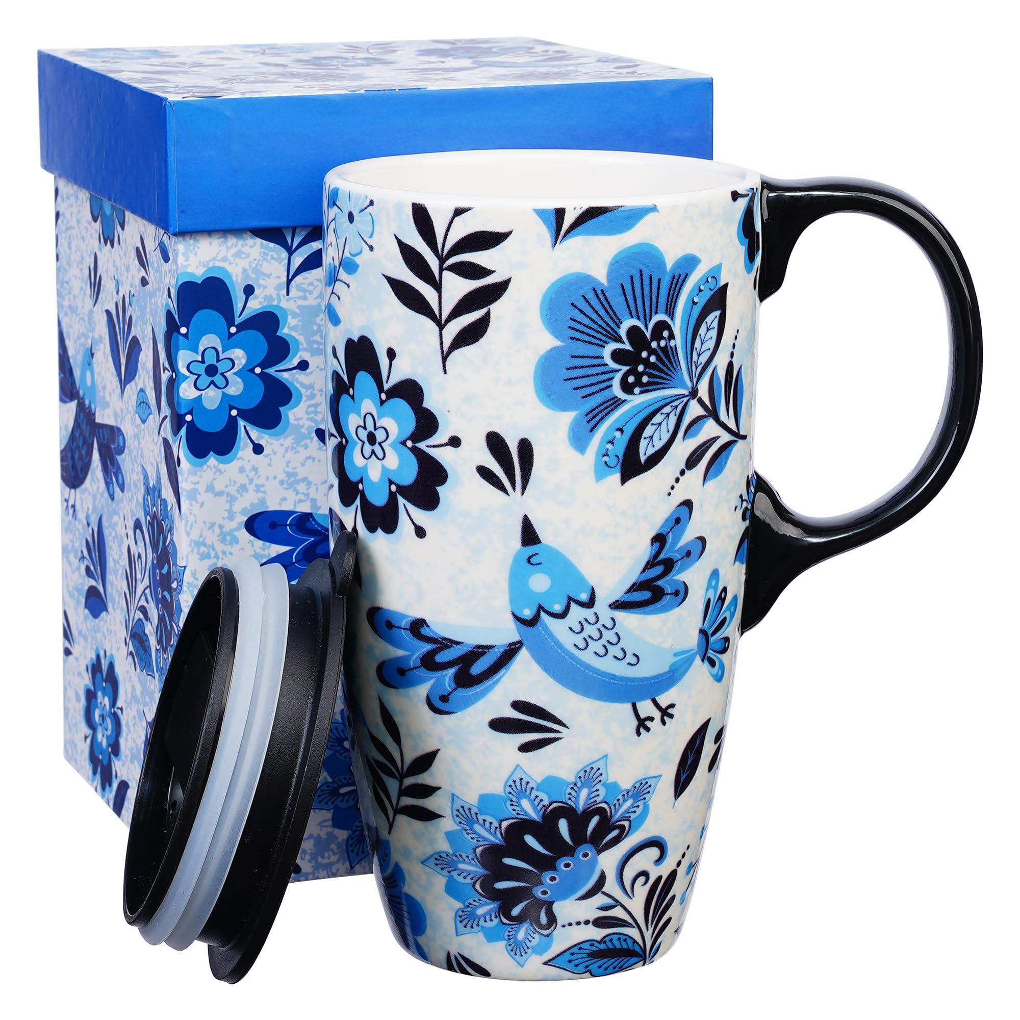 Topadorn Ceramic Mug with Lid and Gift Box Latte Mug Coffee Cup,17oz.Blue Bird