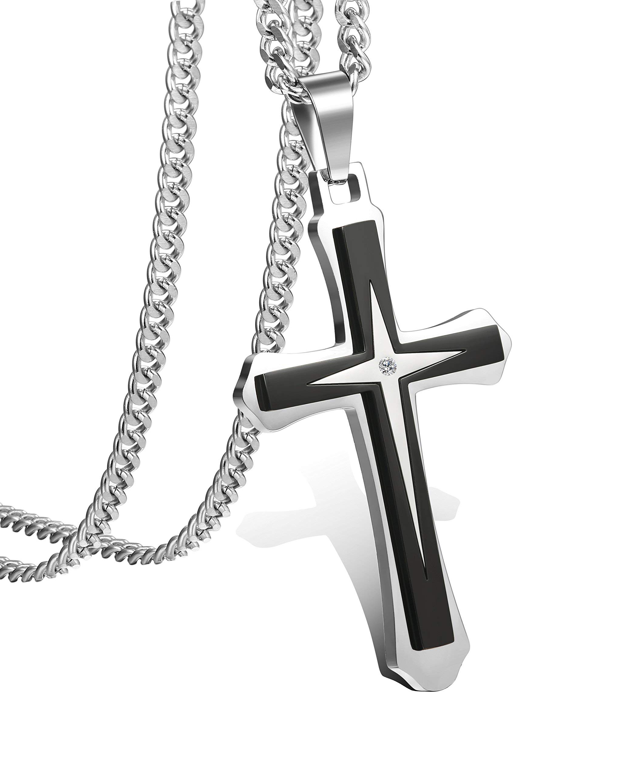 Adramata Stainless Steel Cross Necklace Pendant for Men Women 3.5MM Curb Chain Black Byzantine Necklace 56CM 61CM Chain Cool Rock Hip-Hop Necklaces