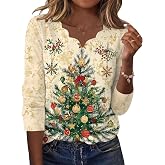 AKEWEI Women's Christmas Shirts Long Sleeve Holiday Graphic Tops | Scalloped V Neck Shirts,Christmas and Halloween Graphics Add Festive Charm to This Casual Holiday Top,Fall Fashion 2026