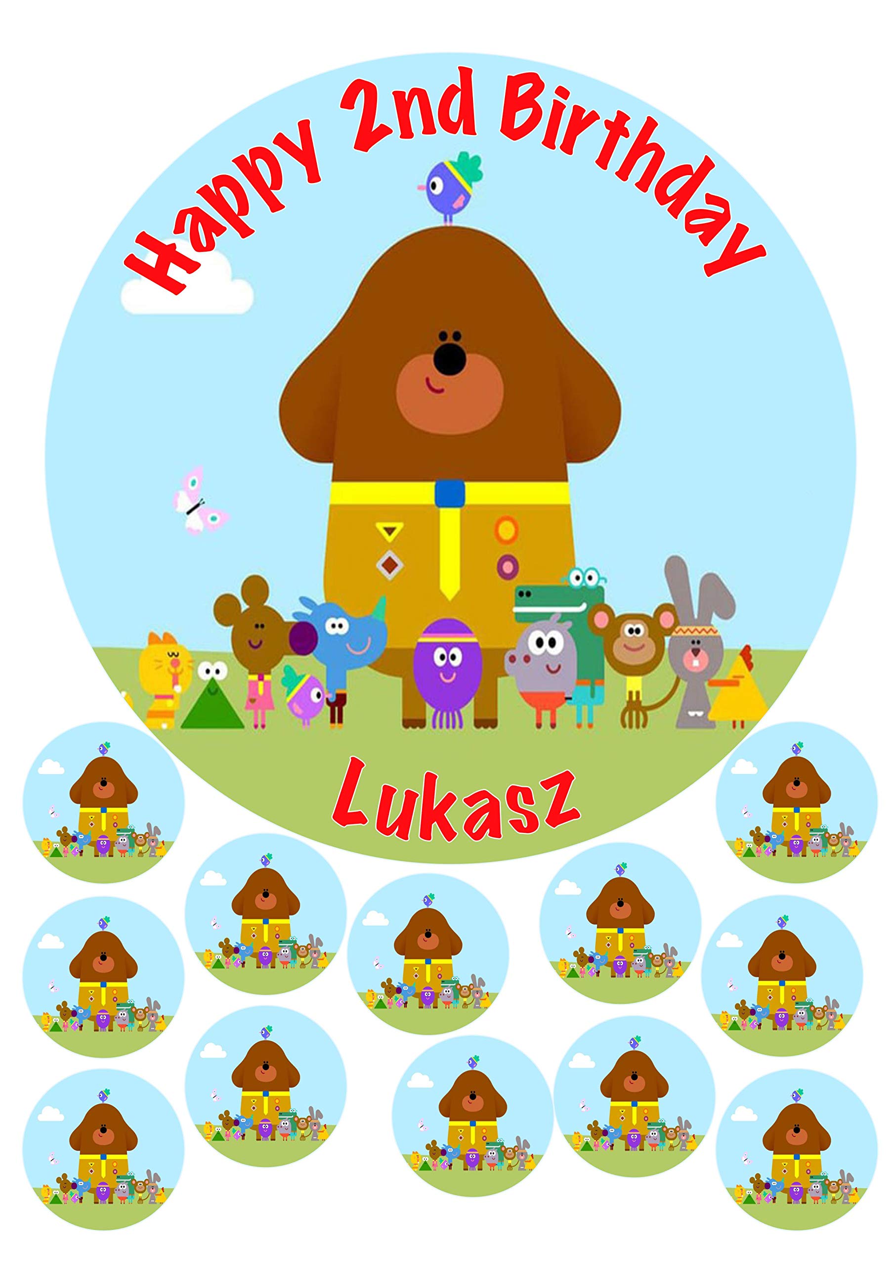 Hey Duggee 19 cm Round Fondant Icing Edible Cake Topper &amp; 12 x 3.8cm Round Toppers (Birthday