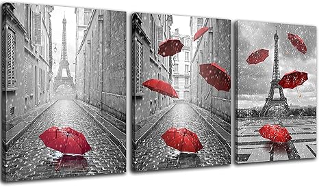 Amazon Com Nan Wind Lienzo Moderno De 3 Paneles Con Diseno De Paris En Blanco Y Negro Con Paraguas Rojos De La Torre Eiffel Para Decoracion De Pared De Paisaje Lienzo Listo