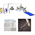 Firefly Water Park Metal Swing Set, 5 User Set with LED Swings, Water Slide and Ground Water Tarp, The Triple Fun-Go Round Add-On with a 4-Piece Auger Style Ground Anchors Kit by XDP Recreation