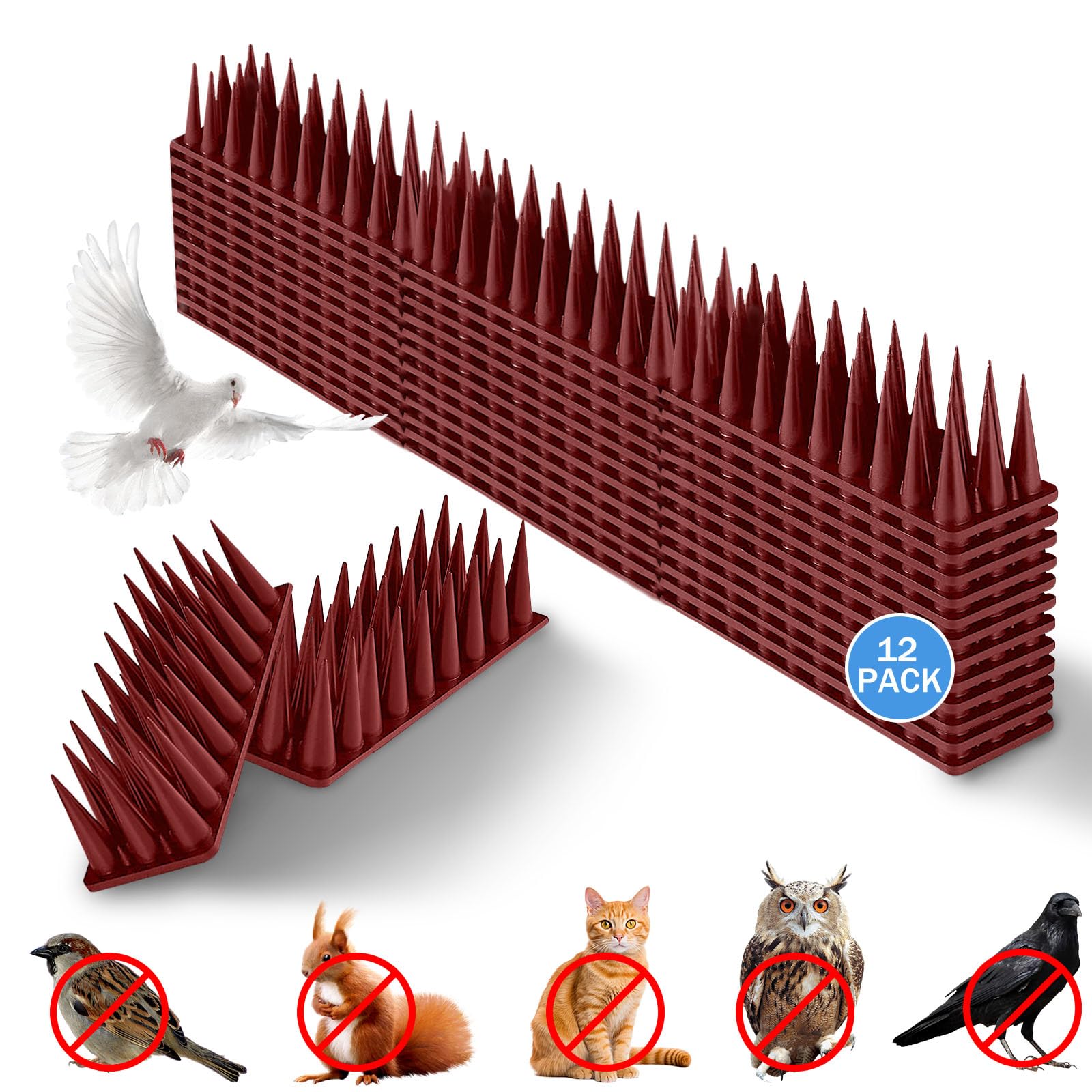 12Pcs Upgraded Bird Spikes, Anti Cat Spikes for Outside/Outdoor, Plastic Anti Climb Spikes, Pigeons Spikes to Keep Bird or Animals Away, Durable Deterrent Fence Spikes for Roofs Windows (Brown)